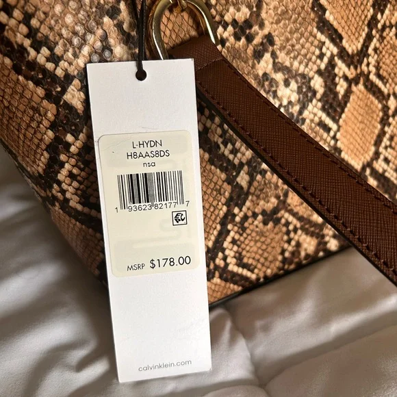 NWT Calvin Klein Tan and Black Snake-Print Chain-Handle Tote - Picture 5 of 9